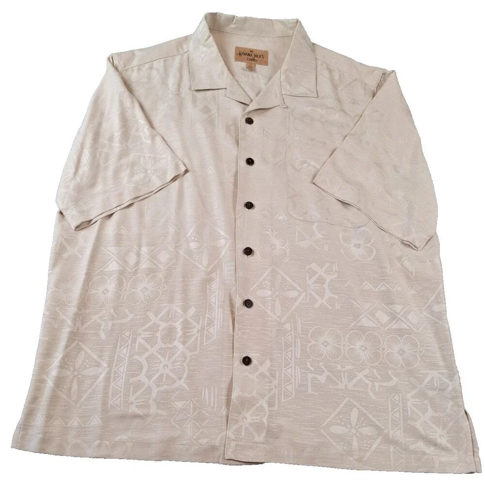 Havana Jack’s 100% Silk Hawaiian Shirt XL Beige Aloha Camp Button Front Vintage - Picture 3 of 13